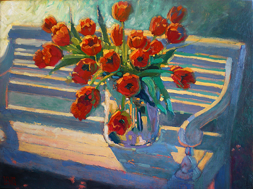 Poppies on a White Bench