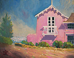 A painting of a white balcony on a pink building at old Fishermans Wharf.