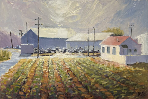 <b>Equipment Yard near Francisco's House</b><br>24x16 Oil on Canvas<br>The farm equipment storage and repair buildings are on Armstrong Road.<br>Catalog #1008