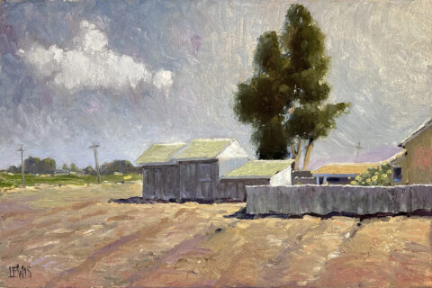 <b>Farm Outbuildings on Harkins Road</b><br>24x16 Oil on Canvas<br>A fallow field stretches out behind this old farm with is dilapidated buildings. The view is looking to the Northeast on Harkins, near the little town of Spreckels.<br>Catalog #1013
