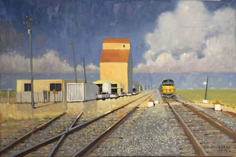"Abandoned Grain Elevator by the Tracks", 24 x 16, Oil on Canvas by Robert Lewis Catalog # 1026 "Abandoned Grain Elevator by the Tracks"