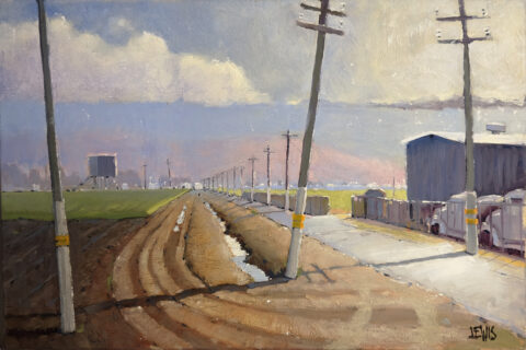 "Equipment Yard on McFadden Road", 24 x 16, Oil on Canvas by Robert Lewis Catalog # 1035 "Equipment Yard on McFadden Road",