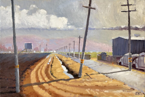 <b>Farm Road Ditch on McFadden Road</b><br>24x16 Oil on Canvas<br>The line of poles recede toward the Gabilon range. There is another of many equipment yards.<br>Catalog #996